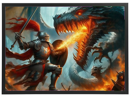 En ridder i rustning kæmper mod en ildsprudlende drage i en dramatisk kamp i en magisk skov.