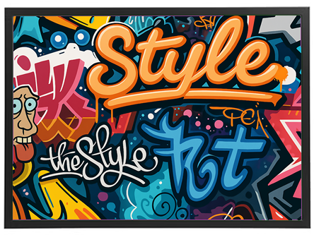 Et livligt graffiti-værk med ord og karakterer, der udstråler urban stil.