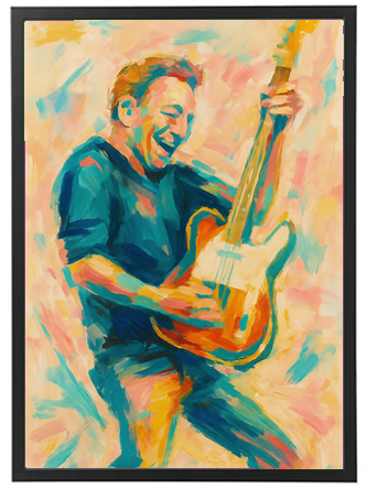 Et farverigt maleri af en glad guitarist, der spiller på sin elguitar.