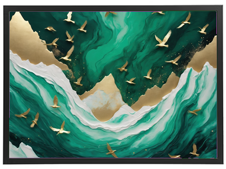 Et farverigt og abstrakt billede med grønne og gyldne nuancer, der viser bølger og fugle.