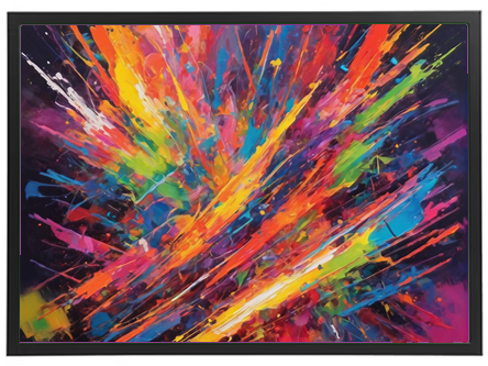 Et dynamisk og farverigt abstrakt maleri med eksplosive penselstræk.