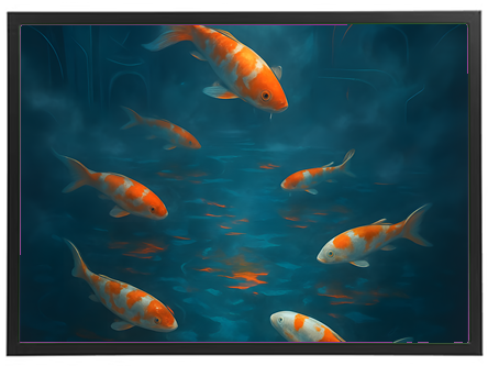 Et malerisk billede af koi fisk svømmer i klart blåt vand, omgivet af en drømmende atmosfære.