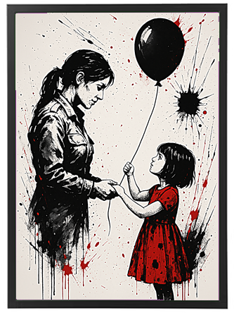 Et grafisk billede af en mor, der holder en lille pige, som holder en sort ballon. Farverne er domineret af sort, rød og hvid.