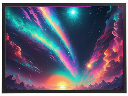 En farverig og dramatisk himmel med stjerner og en solnedgang, der skaber en magisk atmosfære.