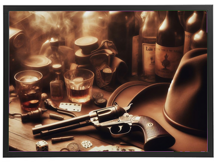 Et stillbillede med en revolver, spillekort, whiskyflasker og en cowboyhat, der skaber en nostalgisk vild vest stemning.