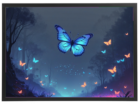 En betagende illustration af en stor blå sommerfugl omgivet af små lysende sommerfugle i en mystisk skov.