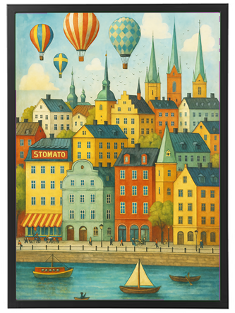 Et maleri af en livlig by med farverige bygninger, luftballoner og en sø med både.