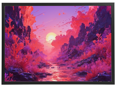 En farverig, surrealistisk scene med en solnedgang over en dal fyldt med pink koraller og klipper.