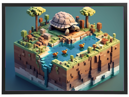 En 3D-rendering af en skildpadde på en ø med en sø, træer og ænder.