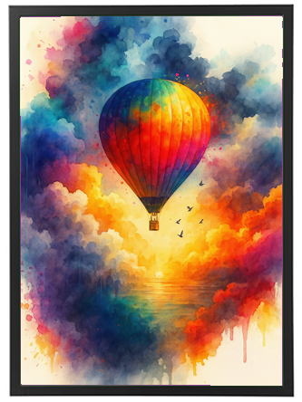 En smuk illustration af en farverig varmluftballon svævende over en farverig himmel og hav.