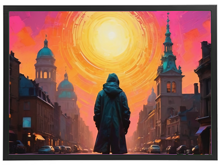 En person i en kappe står foran en farverig by med tårne under en strålende sol.