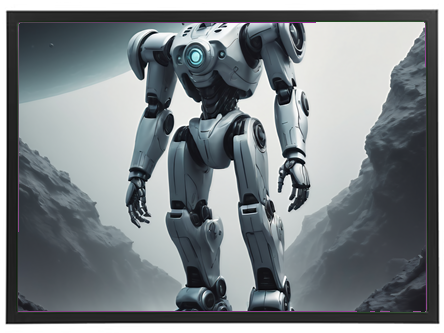 En detaljeret robot står i et dramatisk månelandskab med klipper og en planet i baggrunden.