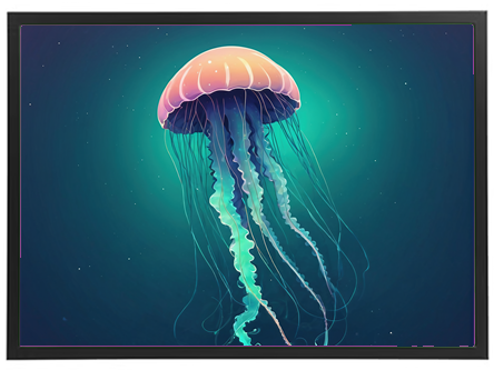 En digital illustration af en meduse svømmende gennem dybt vand med glitrende effekter.