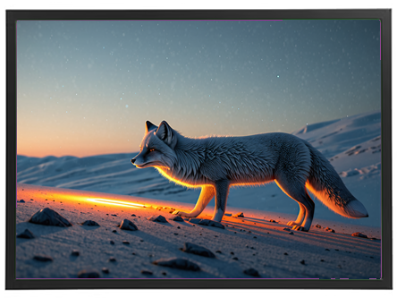 En ræv går gennem sneen, oplyst af det bløde morgenlys i et vinterlandskab.