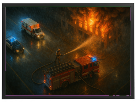 En brandmand kæmper mod flammerne fra en bygning, mens det regner.