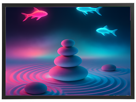 Et surrealistisk billede med farverige sten og svævende fisk i en drømmeagtig atmosfære.