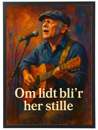 En mand synger og spiller guitar, indhyllet i farverig belysning.