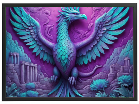 En farverig og detaljeret skulptur af en mytisk fugl med majestætiske vinger, omgivet af ruiner.