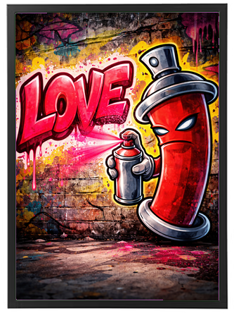 Farverig graffiti, der viser en spraydåse med et LOVE budskab, kombineret med en karakter.