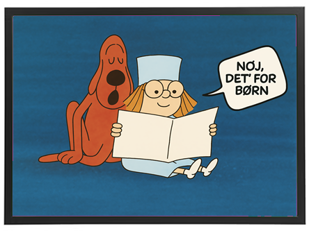 Et barn i pyjamas læser en bog med en stor rød hund ved sin side.