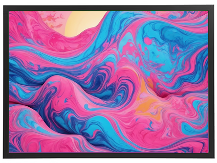 Et abstrakt maleri med bølgende mønstre i pink, blå og orange nuancer.