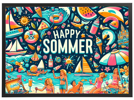 En livlig illustration af en strandscene med sol, is, båd og glade mennesker.