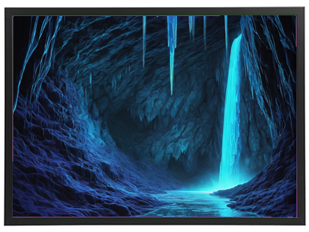 En surrealistisk hule med glitrende isformationer og et strålende vandfald.