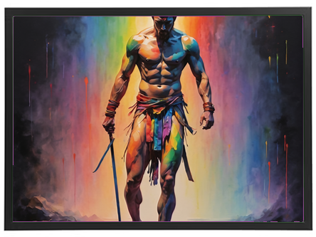 En muskuløs mand i en dramatisk positur, omgivet af regnbuefarver og med et sværd i hånden.