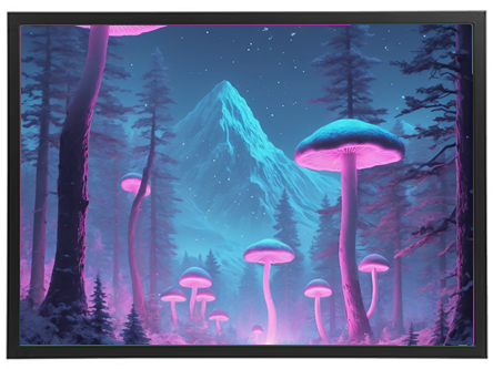 En surrealistisk skovscene med store, lyserøde svampe og en majestætisk bjergtop i baggrunden.