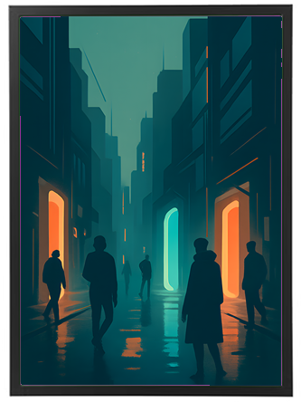 En stiliseret illustration af en mørk gade, hvor silhuetter af mennesker bevæger sig mod neonlys.