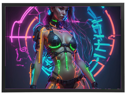 En digital illustration af en kvinde med cyberpunk-inspireret udseende, oplyst af neonfarver.