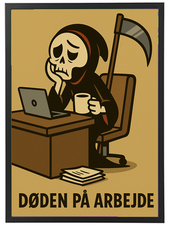 En tegneserieagtig skikkelse af døden, der ser trist ud ved et skrivebord med en computer.