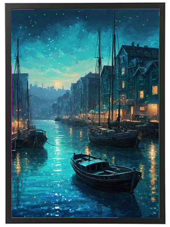 En smuk natlig havnescene med både og glitrende vand under stjernerne.