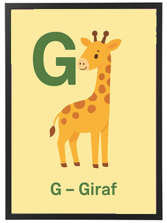 Illustration af en giraf med bogstavet G, der introducerer børn til dyrenavne.