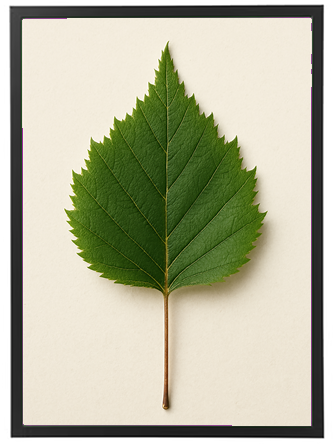 Et enkelt, grønt blad præsenteret på en lys baggrund, fremhæver dets detaljer og struktur.