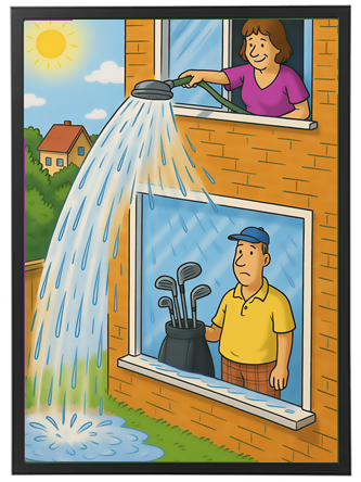 En kvinde vander haven fra vinduet, mens en mand ser forvirret ud med golfkøller.