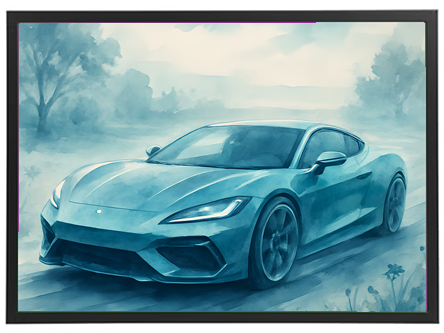 Et smukt akvarelmaleri af en moderne sportsvogn, der kører på en naturskøn vej.