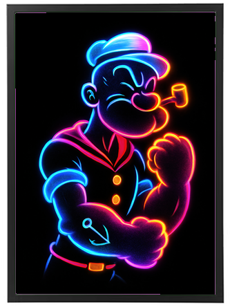En farverig neonillustration af Popeye, der viser sin styrke med en muskuløs arm.