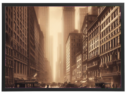 Et sepia-tonet billede af en travl gade med hestevogne og høje bygninger.