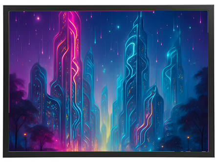 En farverig, futuristisk by med høje, lysende skyskrabere under en stjerneklar himmel.