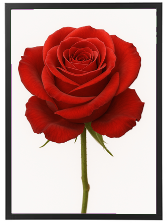 En enkelt, strålende rød rose med velplejede kronblade, præsenteret i en elegant ramme.