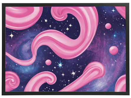 Et farverigt abstrakt billede med pink svungne former i en galaksebaggrund.