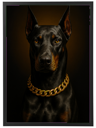 Et portræt af en Dobermann med en guld halskæde, oplyst af en dramatisk baggrund.