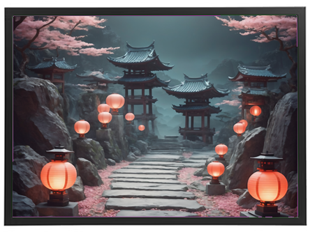 En smuk sti med traditionelle pagoder og lyserøde kirsebærtræer, oplyst af lanterner.