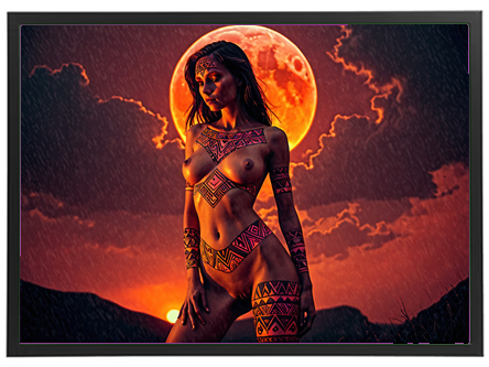 En dramatisk scene med en kvinde med farverige kropsmalinger, der står under en stor blodmåne.