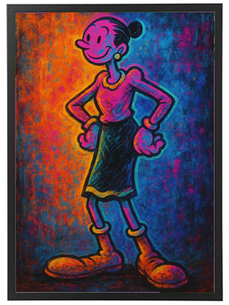 Et livligt maleri af en tegneseriefigur med en glad attitude, omgivet af en farverig baggrund.