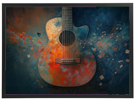 Et billede af en akustisk guitar med en farverig, abstrakt baggrund, der skaber en kunstnerisk stemning.