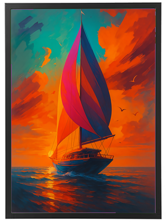 En smuk sejlbåd med farverige sejl, der glider over vandet under en dramatisk solnedgang.