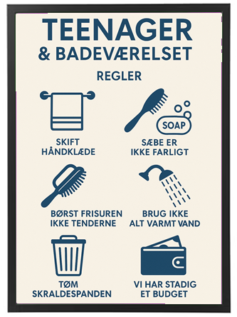 En liste med regler for teenagere i badeværelset, herunder hygiejne og sikkerhed.