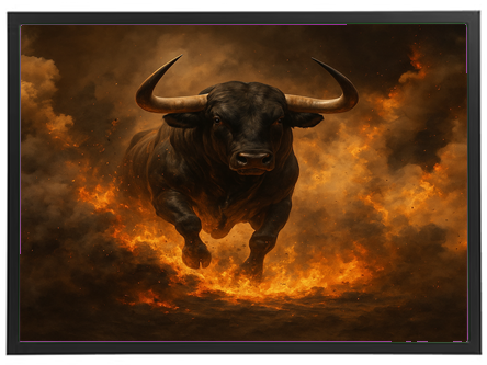 Et dramatisk billede af en sort tyr, der springer gennem flammer og røg.